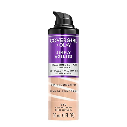 COVERGIRL & Olay Simply Ageless 3-in-1 Liquid Foundation, Matte Finish, Hyaluronic & Vitamin C Formula, 240 Natural Beige, 2 Count