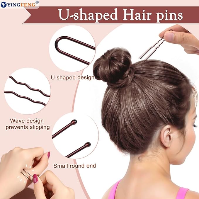 YINGFENG 134 Pcs Brown Hair Bun Maker Kit for Kids Small - 4 Hair Donuts for Buns, 20 Hair Nets for Buns, 100 U Shaped Bobby Pins, 10 Hair Bands, for Girls, Ballet Dance, Hair Accessories for Women