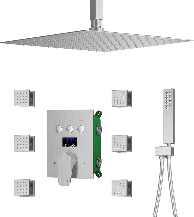 WHSHOWER Digital Display Shower Faucet Set With 12 Inch Rainfall Shower Head,Brass Handheld Sprayer And 6pcs Body Jets,Full Body Shower System (Brushed Nickel)