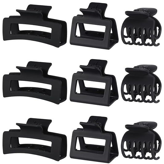 3 Style Hair Claw Clips 9 pcs Medium Claw Clips Hair Clips for Women Rectangle Claw for Thick Hair Square Hair Clips for Thin Hair Accessories for Women (Black)