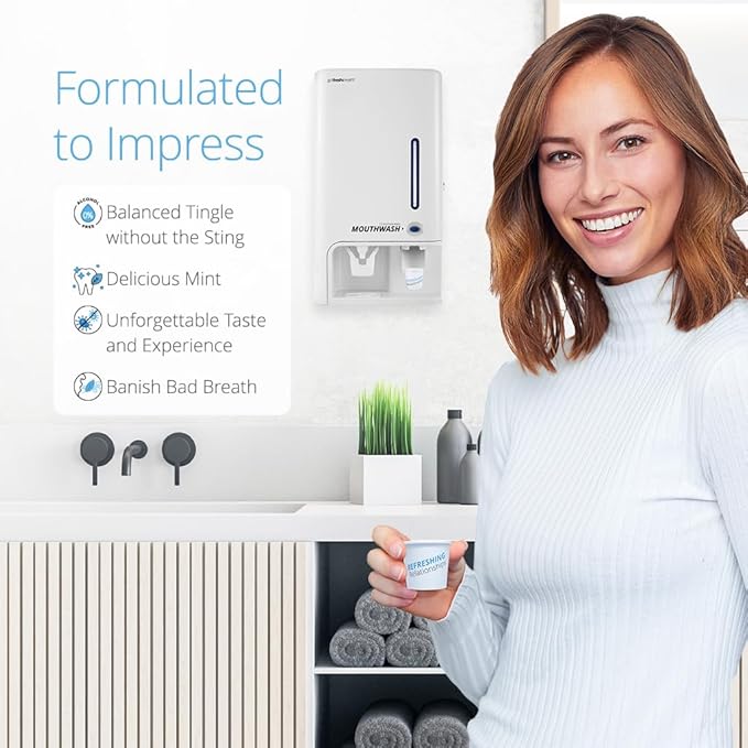 GotFreshBreath Commercial Mouthwash Dispenser with Cup Holder – Standing or Wall-Mounted, Slim, Commercial Mouthwash Dispenser with 100 Cups & 50 Oz. Alcohol-Free Mouthwash (White)