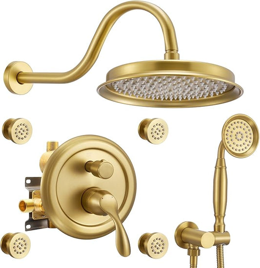 DASAN Antique Shower Faucet Sets Complete Rain Shower System in Wall with Body Shower Spray Jets, Brushed Gold Shower Fixtures with 9'' Rainfall Overhead Shower, Handheld, Valve & Trim Kit, AT249W-BTG