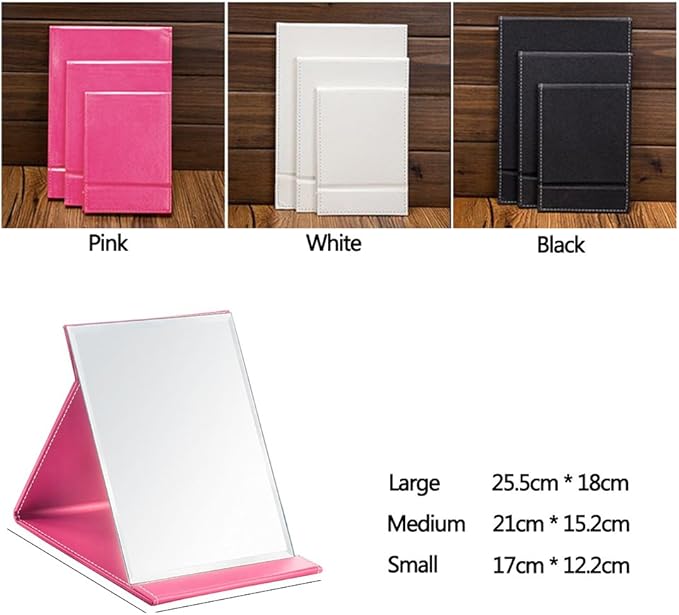 Protable PU Leather Mirror Folding Desktop Makeup Mirror with Adjustable Stand for Personal Use,Travelling (S, Black)