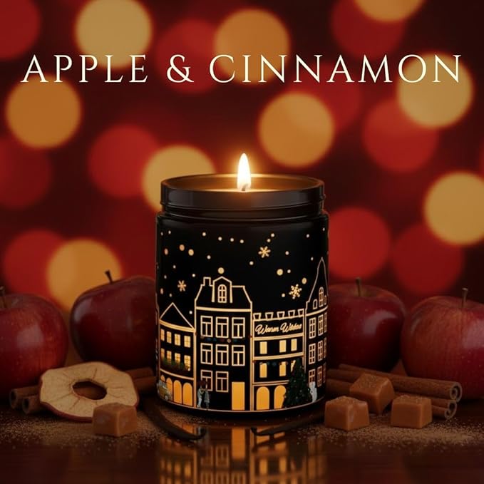 Apple & Cinnamon Scented Candle (Black Jar), 40-Hour Burn, Dual Light Glow, Premium Soy Wax, Warm Spiced Aromatherapy Candle for Bedroom & Bathroom, Holiday Gift – 7oz (200g)