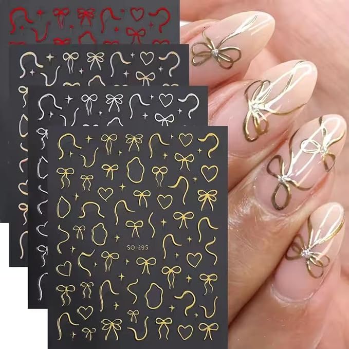 12 Sheets Bow Nail Stickers for Nail Art Glitter 3D Self Adhesive Red Gold Bows Nail Decals Aurora Cute Nail Art Stickers for Women Girls Manicure Decorations