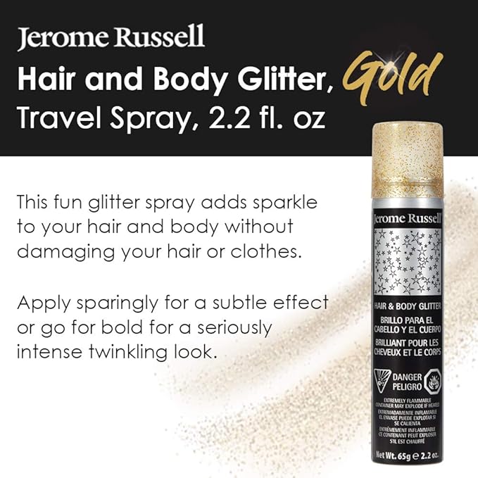 Jerome Russell Temporary Hair and Body Glitter Color Spray, Travel Spray, Lightweight, Adds Sparkly Shimmery Glow, Perfect to use On Hair, Skin, or Clothing, 2.2 oz - Glitter GOLD x 3 Pack