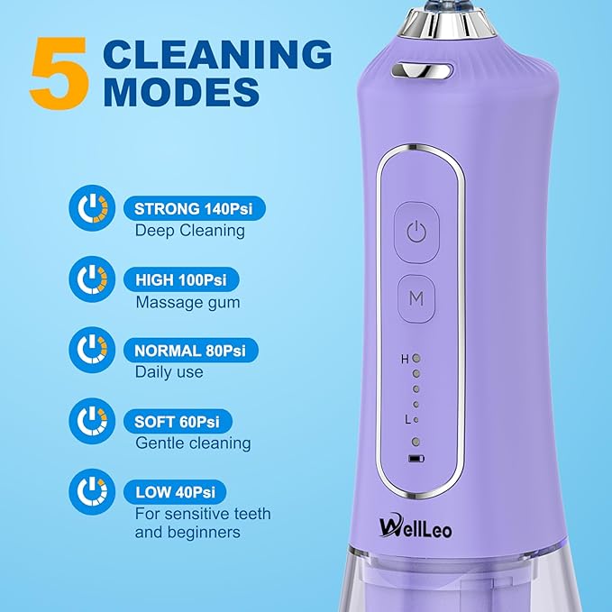 WellLeo Water Flosser for Teeth, 300ML Cordless Oral Irrigator Rechargeable Dental Flosser Picks with 5 Modes 5 Jet Tips,IPX7 Waterproof Teeth Cleaner for Braces Gum Care, Home Travel Use