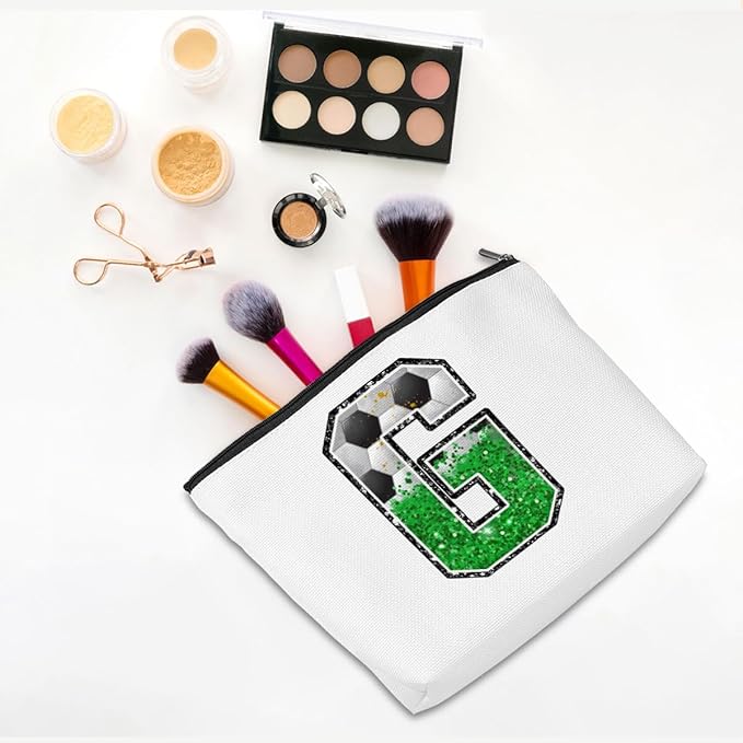CQM Soccer Gifts Initial Makeup Bag Monogrammed Cosmetic Bag Letter G Zipper Pouch Soccer Accessories for Girls Women Player Coaches Friend Stuff Graduation Birthday Gifts