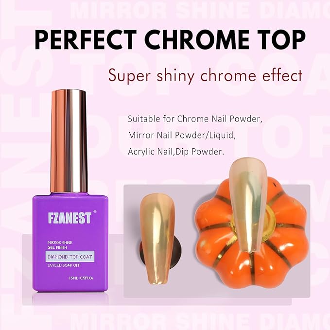 FZANEST Gel Top Coat Diamond- 15ml No Wipe Top Coat Gel Nail Polish High Gloss Mirror Shine Soak Off UV LED Clear Finish Chrome Top Long Lasting