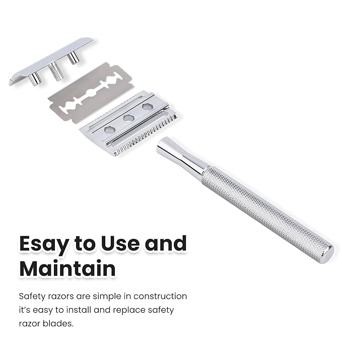Single Blade Safety Razor With 10 Premium Stainless Steel Blades Double Edge Safety Razors For Men, Smooth Wet Shave Experience, Glossy Silver