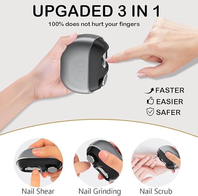 3-in-1 Electric Nail Trimmer, Automatic Nail Clipper with Polishing & LED Light, Rechargeable Electric Nail Clippers with Debris Collector for Adults, Kids & Seniors