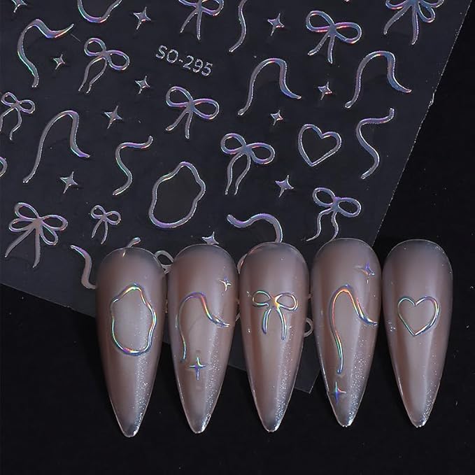 12 Sheets Bow Nail Stickers for Nail Art Glitter 3D Self Adhesive Red Gold Bows Nail Decals Aurora Cute Nail Art Stickers for Women Girls Manicure Decorations