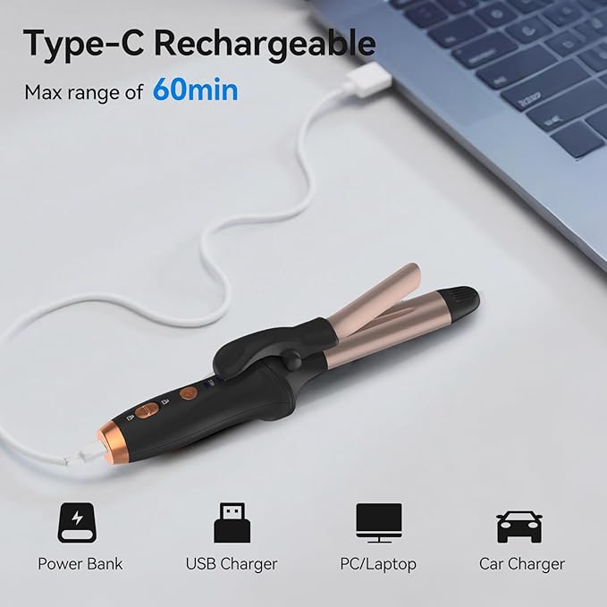 Cordless Curling Iron Hair Curler: Mini USB Rechargeable 4000 mAh 3 Temp Setting Travel Portable 200 Million Negative Ion for Long Short Hair
