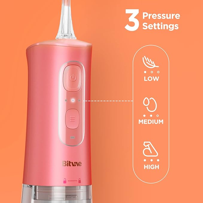 Bitvae Cordless Water Dental Flosser for Teeth, Portable Water Teeth Cleaner Picks, 6 Jet Tips 3 Cleaning Modes, IPX7 Waterproof Water Dental Picks, Coral Orange