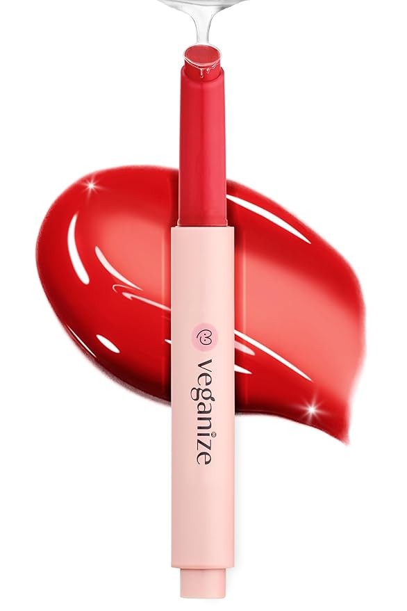 self beauty Veganize Collagen Lip Glass Balm - Hydrating Lip w/Hyaluronic Acid - Vegan Korean Lip Balm Moisturizing Lip Care – Lip Gloss Repair for Dry Cracked Lips 0.06 oz (#1 Camellia Red)