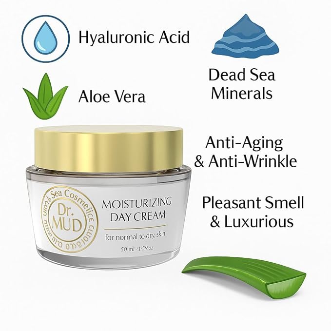 Dr. Mud Moisturizing Day Cream – Daily Face Cream with Dead Sea Minerals, Hyaluronic Acid, Collagen & Natural Plant Extracts – Paraben Free Anti-Aging Facial Moisturizer for Normal to Dry Skin, 50ml