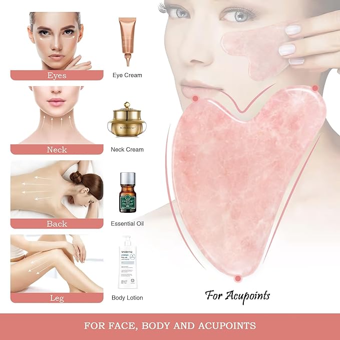 Flagest Gua Sha Rose Quartz Massage Tool, Facial Tool for Scraping and SPA Acupuncture Therapy, Heart Shape Trigger Point Treatment on Face (Rose Quartz)