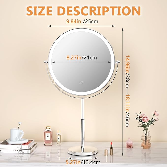 Hasipu 10” LED Makeup Mirror with 1X/10X Magnification - Rechargeable Vanity Mirror, 3 Color Modes, Touch Control, 360° Rotation & Height Adjustable Nickel