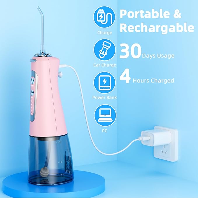 Water Flosser,300ML Water Pulse flossers-5 Modes&6 Replaceable Jet Tips for Teeth Cleaning and Flossing,Rechargeable (Pink)