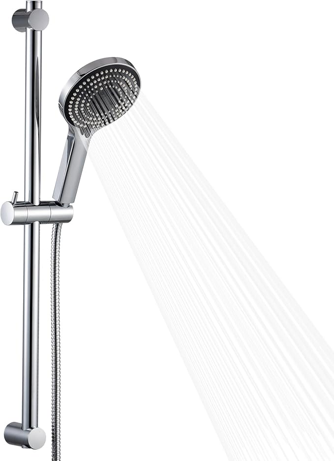OFFO Shower Slide Bar Combo, Adjustable 27 in Slide Bar with 6-Mode High Pressure Handheld Shower Head and 60 in Stainless Steel Hose, Screw Wall Mounted, Chrome