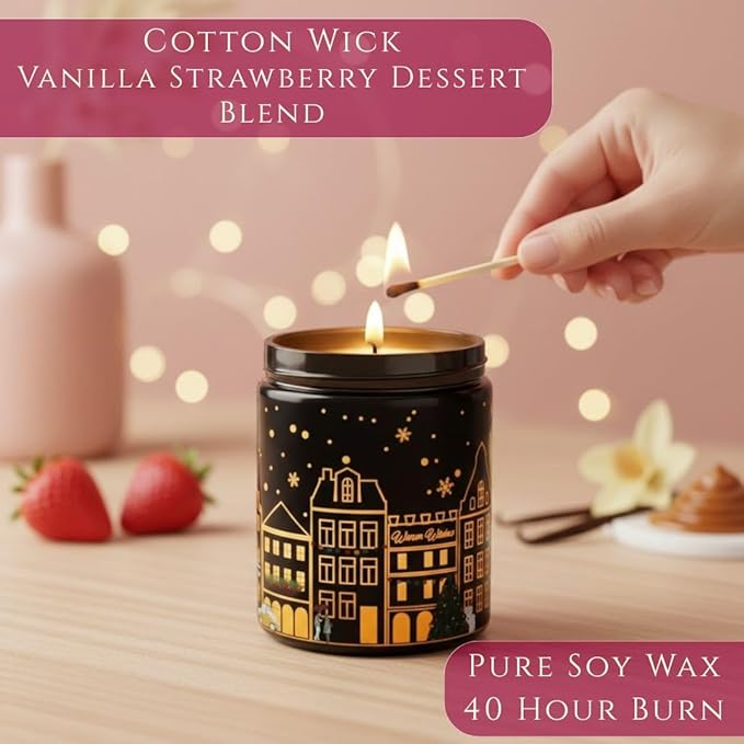 Vanilla & Strawberry Scented Candle (Black Jar), 40-Hour Burn, Dual Light Glow, Premium Soy Wax Blend, Dessert-Inspired Aromatherapy Candle for Bedroom & Bathroom – 7oz (200g)