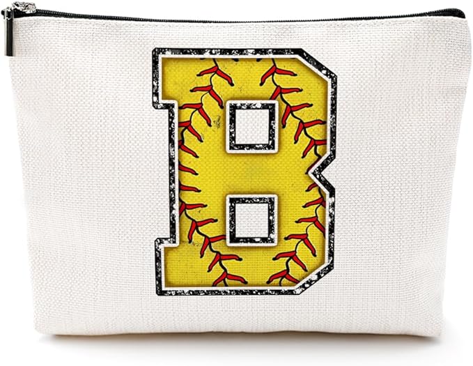 CQM Softball Gifts Initial Makeup Bag Monogrammed Cosmetic Bag Letter B Zipper Pouch Softball Accessories for Girls Women Player Coaches Wife Graduation Birthday Gifts
