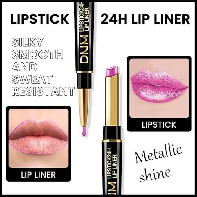 2-in-1 Fuchsia Lip Liner & Lipstick Set Kit for Women, Metallic Lips Kit with Lip Liner Lip Stains Long Lasting Waterproof 24 Hour Lipstick and Lip Liners Combo Lipliners Pencil Set 19