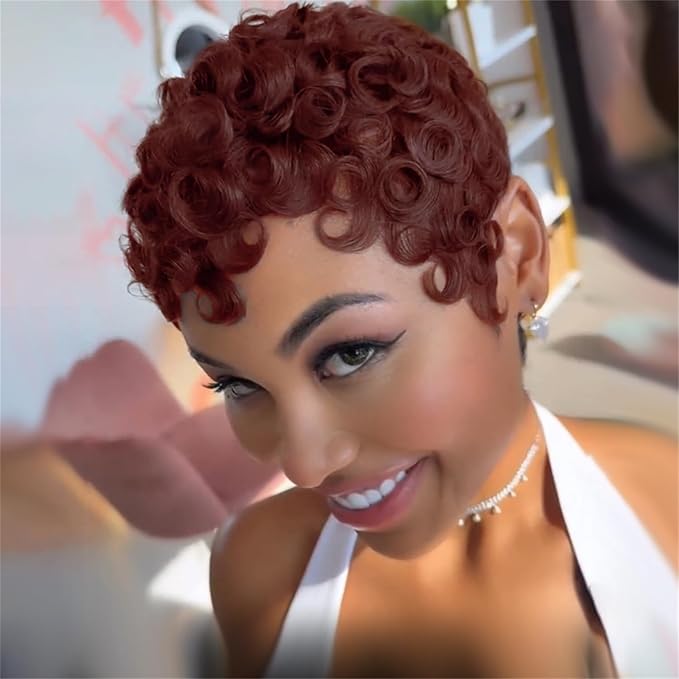 Short Curly Wig Pixie Cut Human Hair for Black Women 4# Chocolate Color Short Wig for Women Human Hair Layered Haircut Summer Glueless Wigs with Bangs Wear and Go Wigs