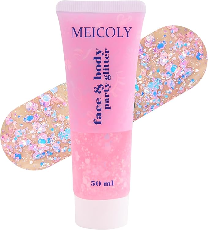 MEICOLY Chameleon Baby Pink Body Glitter,Pink Turn to Purple Face Glitter Paint,Holographic Color Changing Mermaid Face Glitter Gel for Hair,Self-Adhesive Chunky Glitter for Halloween Festival Party
