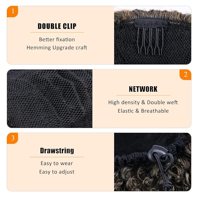 Drawstring Ponytail Afro Kinky Curly for Black Women Short Wave Synthetic Ponytail Hair Extension(T1B/27)