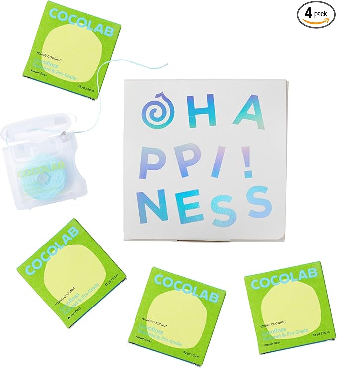 Cocolab Woven Dental Floss, Dentist-Designed Oral Care, Coconut Scent, Waxed, Expanding, Kid-Friendly String Floss with Coconut Oil, 4 Spools (33 yd Each)