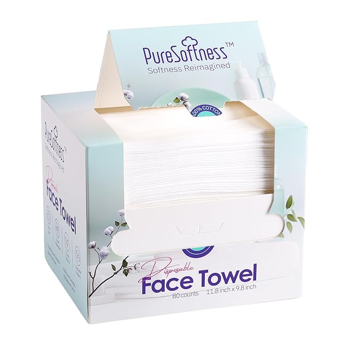 PureSoftness Luxuriously Soft Disposable Face Towel, 100% Cotton, Extra Large 12" x 10" Ultra Soft Dry Wipe for Face Wash, Makeup Remover, Bio-Based Towelette for Sensitive Skin 320 Count (4 Pack)