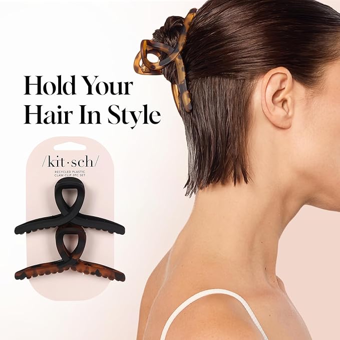 Kitsch Large Hair Clips for Women - Fashionable Loop Hair Claw Clips | Matte Plastic, Easy-Grip | Perfect for Everyday Use & Special Occasions | Ideal Gifts for Women - Tortoise & Black, 2 Pcs