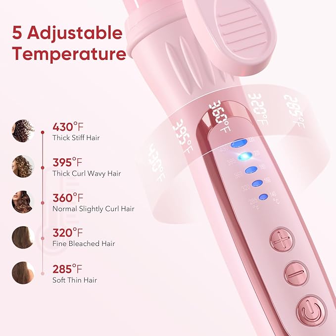1 Inch Curling Iron, 5 Temperature Settings, Professional Spring Hair Iron for All Hair Types, Max 430℉ with Heat Resistant Mat (1 Inch Pink)