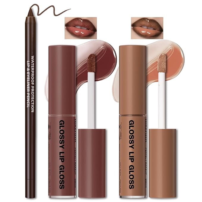 2 Colors Nourishing Lip Gloss Hydration Non-Sticky Plumping Lip Kit for Women, Natural Nude Tinted Lip Glow Oil Moisturizing Lightweight Long Wear Shiny Liquid Lipstick with Lip Liner Combo