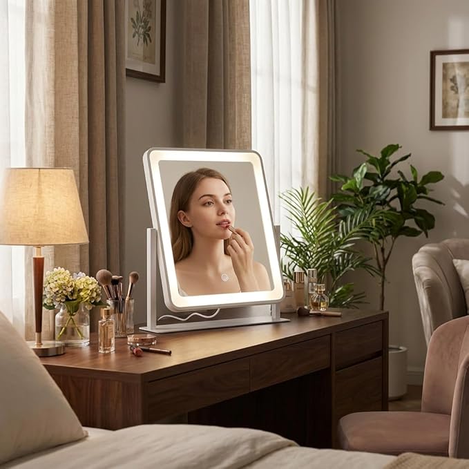Vanity Mirror with Lights, 14"×12" Makeup Mirror with Lights, LED Makeup Mirror, Smart Touch with 3 Color Lighting Modes, Brightness Adjustable, for Bedroom Tabletop - White