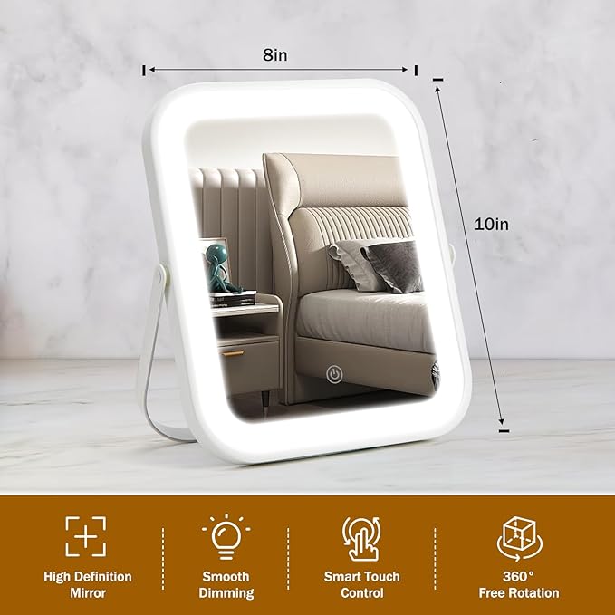 Vanity Mirror with Lights, 10"×8" Makeup Mirror with lights Built-in 1500mAH Battery, HD Mirror, Smart Touch with 3-Color Lighting, Dimmable, Desk Mirror, Women Gift, Travel Essentials (White)