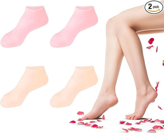 2 Pairs Silicone Socks for Dry Cracked Feet, Women's Foot Socks for Moisturizing (Pink & Beige, Fits Up to Size 9)