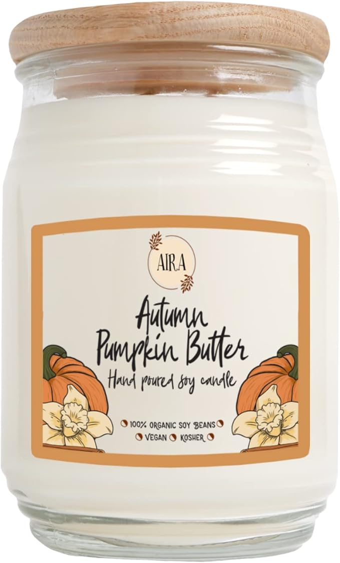 Aira Fall Soy Candles - Organic, Kosher, Vegan, Farmhouse Candle w/Aromatherapy Essential Oils - Hand-Poured 100% Soy Candle Wax - Paraffin Free, Burns 150+ Hours - Autumn Pumpkin Butter - 20 Ounces