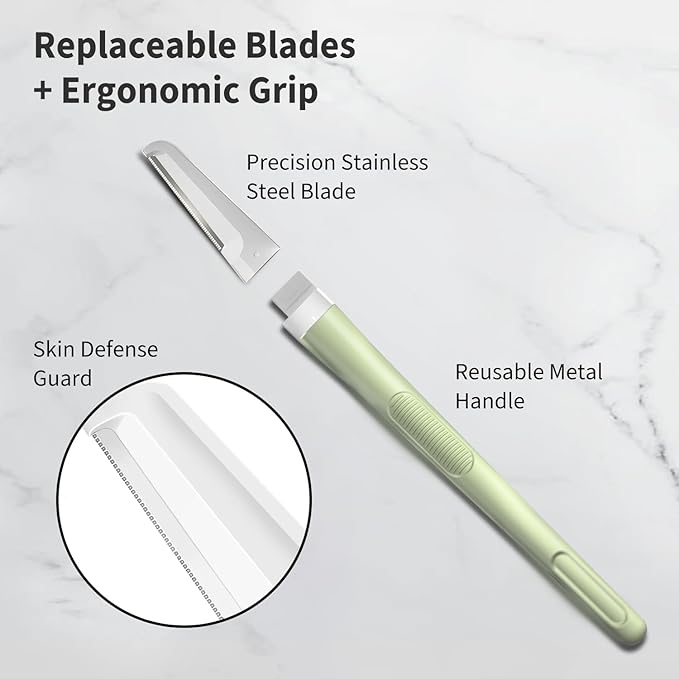 Face Razors for Women, Dermaplane Razor for Women Face, Eyebrow Razor, Facial Razors, Dermaplaning Tool, Reusable Metal Handle with 8 Microblades for Sensitive Skin, Peach Fuzz Remover, Green