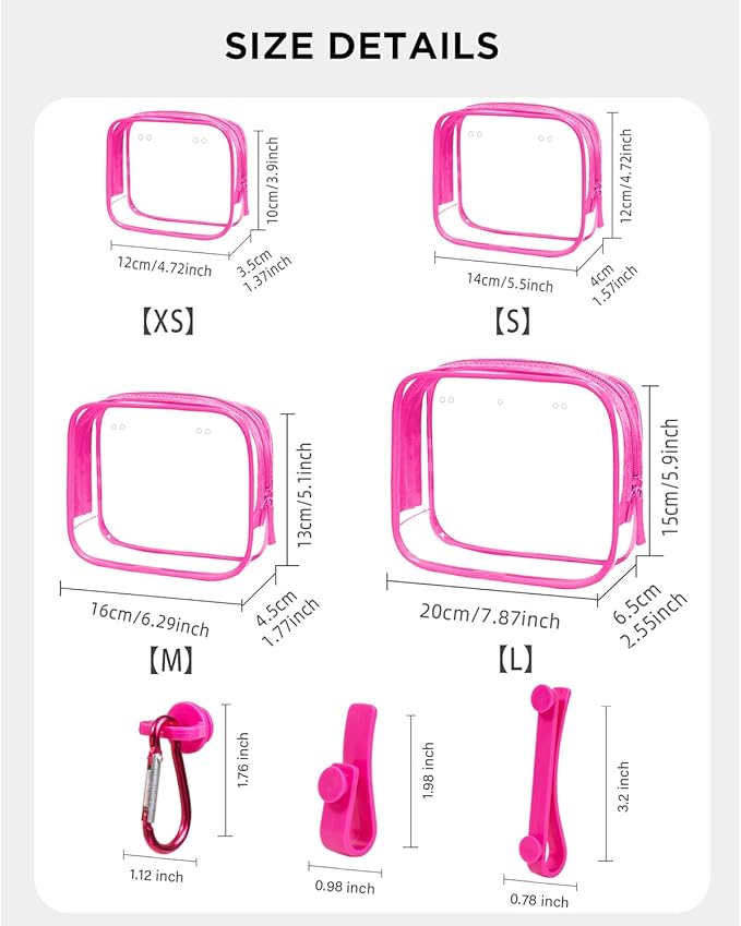 4 Pack Clear Toiletry Bags, Portable Travel Makeup Pouch with Zipper, TSA Approved Organizer, Clear Pouch Bags Compatible With Bogg Bag Divider Accessories (Pink, Pack of 8)