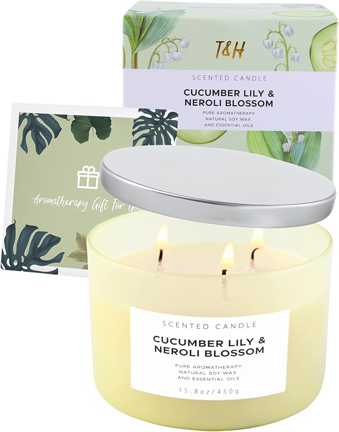 Cucumber Lily & Neroli Orange Blossom 3-Wick Soy Scented Candle, 15.8 oz | Spa Fresh Aromatherapy Candle | Large Scented Candle for Home, Long Lasting & Clean Burning
