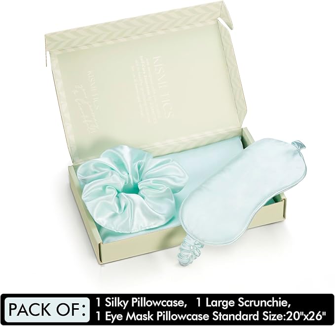 KISMETICS - Vegan Silk Sleep Set, Silky Pillowcase with Large Scrunchie and Eye Mask for Hair and Skin, Self Care Essential Satin Night Routine Kit (Mint Blue Color)
