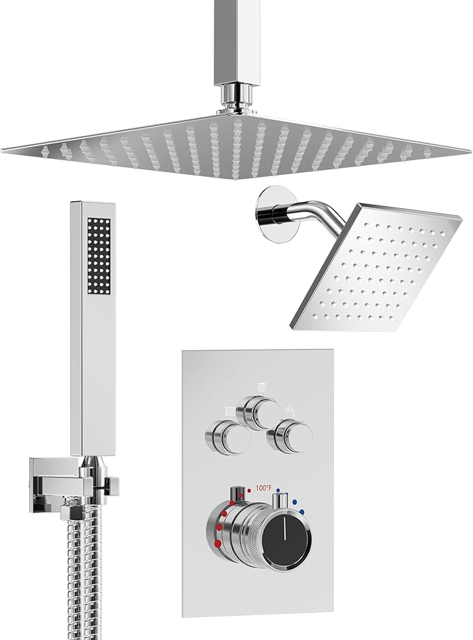 GRANDJOY Thermostatic Shower System, Dual Rainfall Shower Heads for Ceilling & Wall Mounted with Handheld Sprayer, Chrome