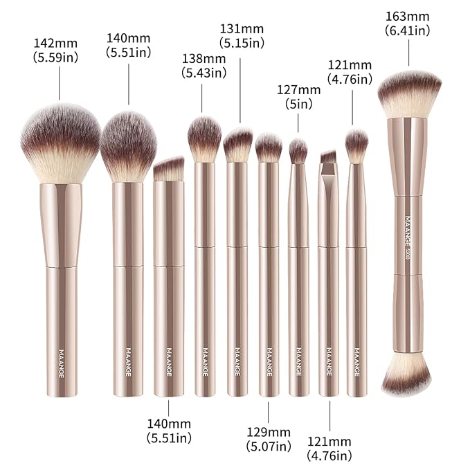 MAANGE Makeup Brush Set 10 Pcs Travel Makeup Brushes Double-ended Kabuki Brush for Foundation Powder Concealers Eye Shadows Makeup Tools Set with LED Light Mirror (Gold)