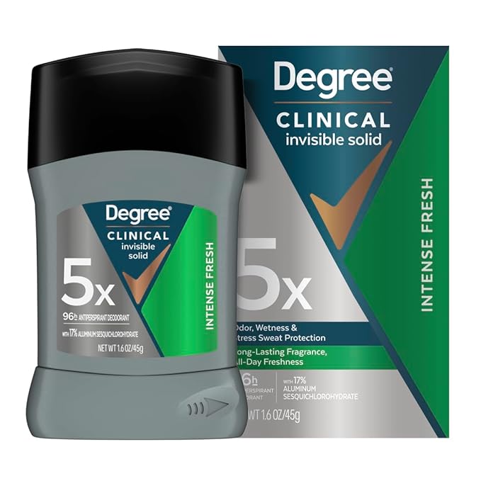 Degree Clinical Strength Antiperspirant Deodorant for Men 96-Hour Sweat and Odor Protection Intense Fresh Invisible Solid 5x Types of Sweat