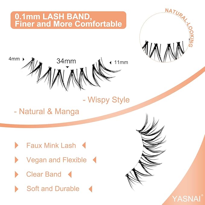 False Eyelashes Natural Look Wispy EyeLashes Cat Eye Lashes, Yasnai Fake Lashes Volume Lashes, Mink Lashes Strips Lashes Natural Eyelashes Clear Band 6 Pairs Pack