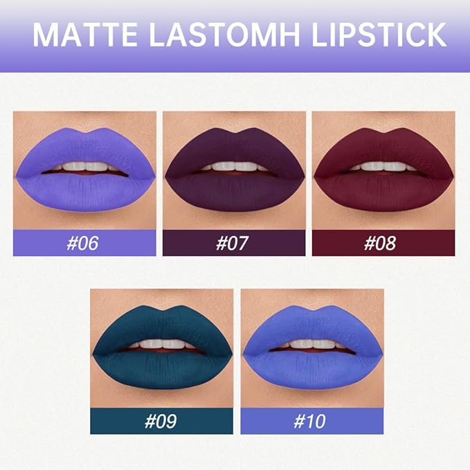 AMY'S DIARY Matte Plum Liquid Lipstick 5Pcs Sets,24-hour Lipstick Deep Purple Red Green Plum blue Lip Stain 24 Smudge Waterproof for Women (Set02)