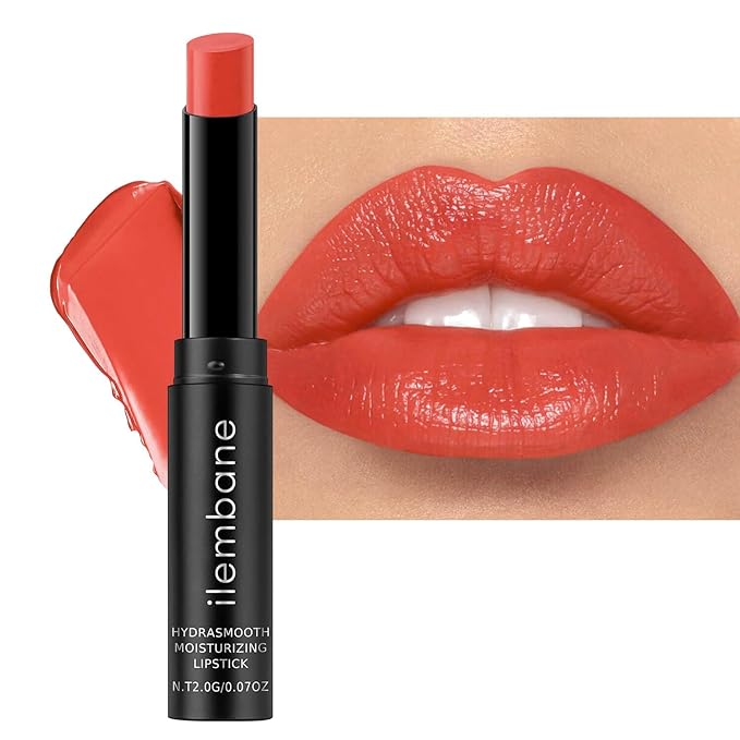 ilembane Coral Red Moisture Lipstick – Hydrating Lip Balm for Dry, Cracked Lips, Weightless Creamy Lip Color with Vitamin E, Hydrasmooth, Glossy Juicy Finish, Long Lasting for Women (Coral)