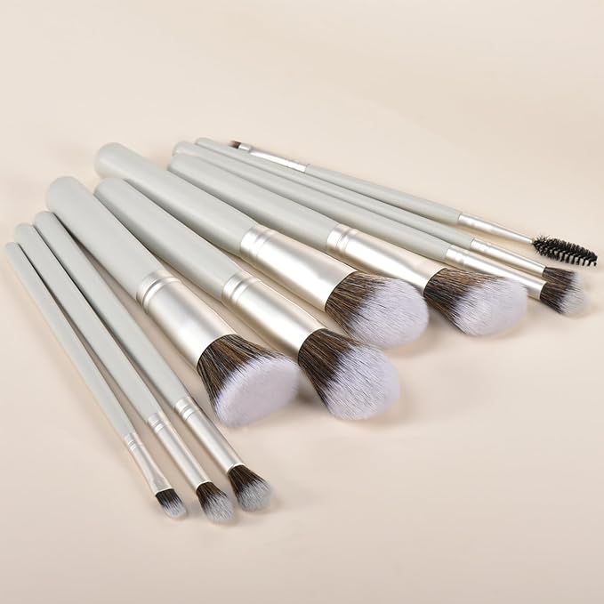 YJ-Anyue 10 Piece Makeup Brushes - Grayish Green Wooden Handle with Soft Synthetic Bristles,for Face & Eye Makeup|Professional Makeup Brushes set for Women & Girls|